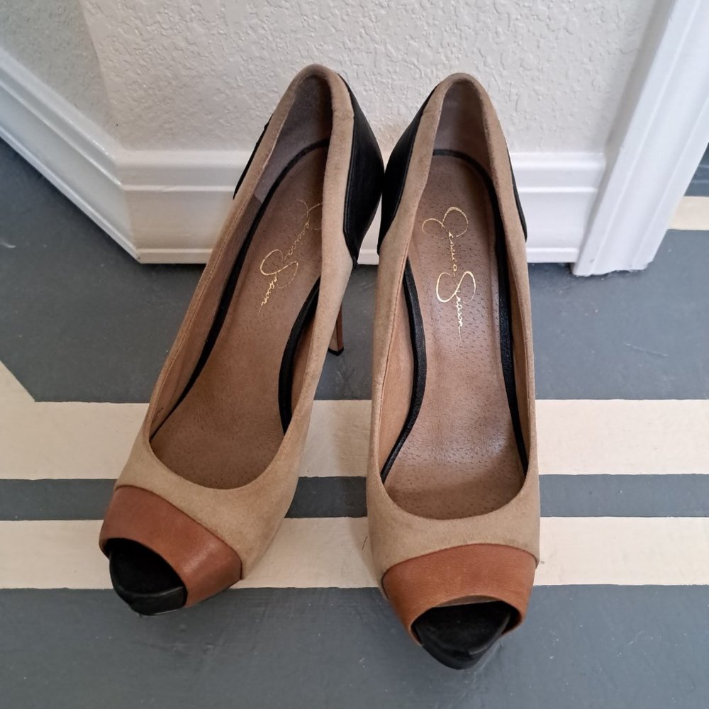 Jessica Simpson, Open toe, Tri-Colored Coco Suede w/ Black & Tan Color Blocking